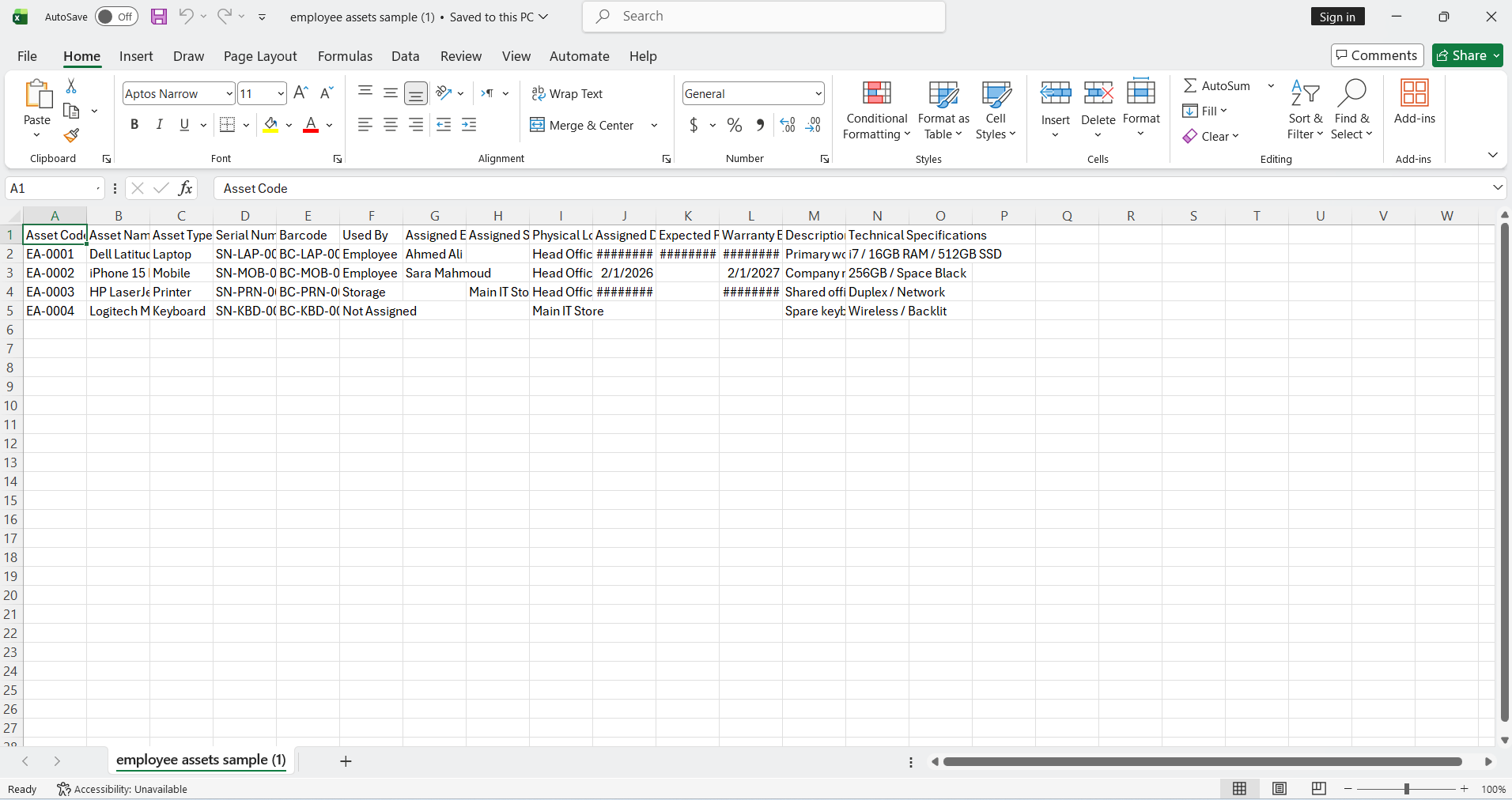 Excel template