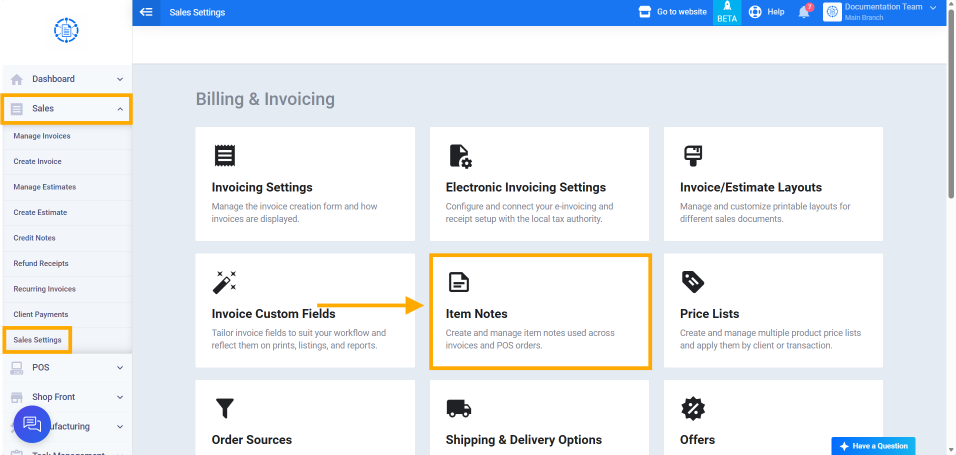 Item notes in sales settings