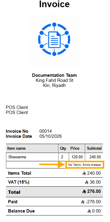 add notes in the invoice