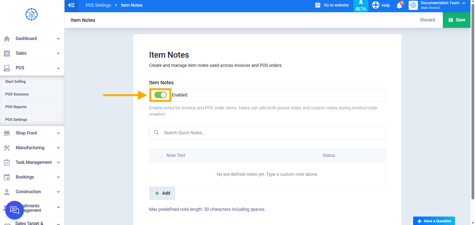 enable item notes toggle
