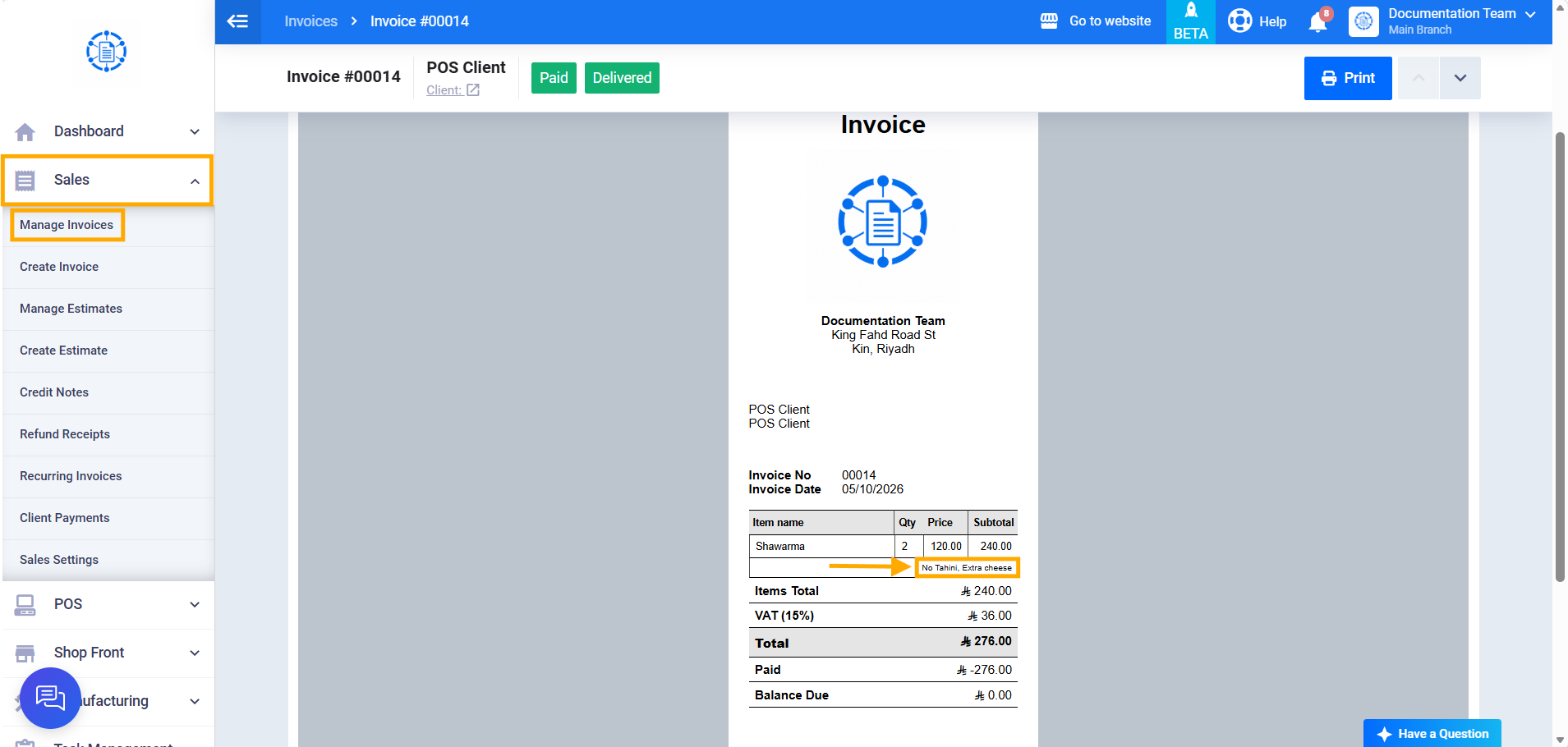 item notes in the invoice